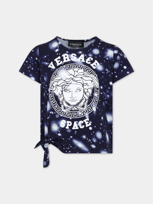 T-shirt blu per bambina con Medusa e stampa,Versace,1009092 1A07571 2U410