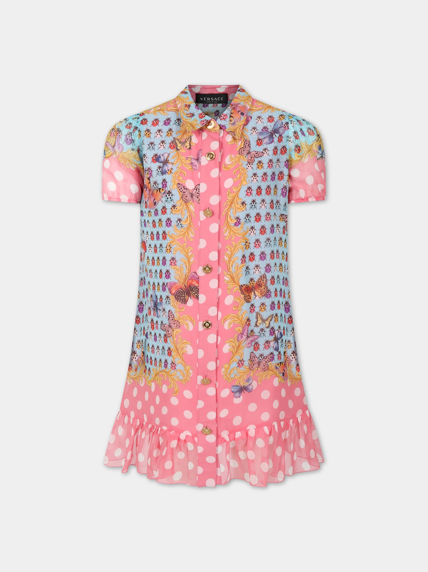 Vestito celeste per bambina con stampa iconica e logo,Versace,1011104 1A08119 5X280