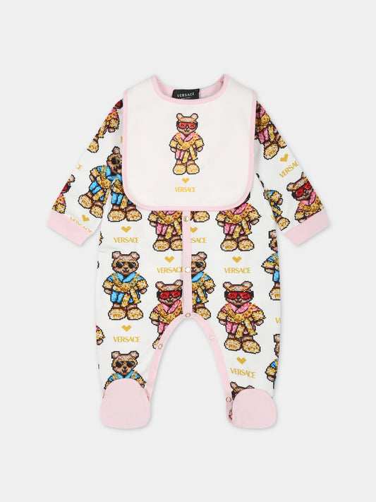 Set bianco per neonata con Teddy bear e logo,Versace,1011062 1A08117 2WH60