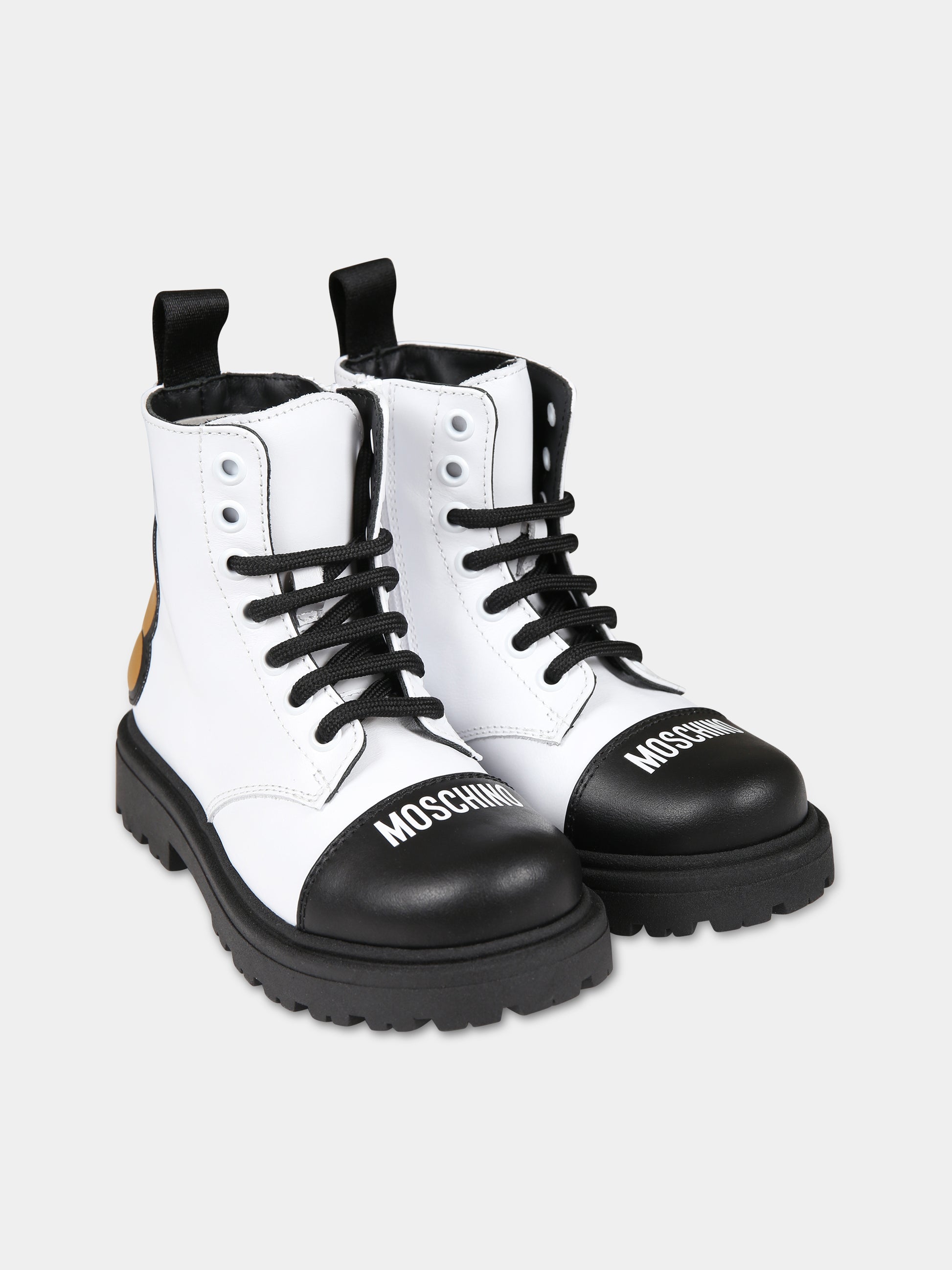 Anfibi bianchi per bambina con Teddy Bear e logo,Moschino Kids,76069 2