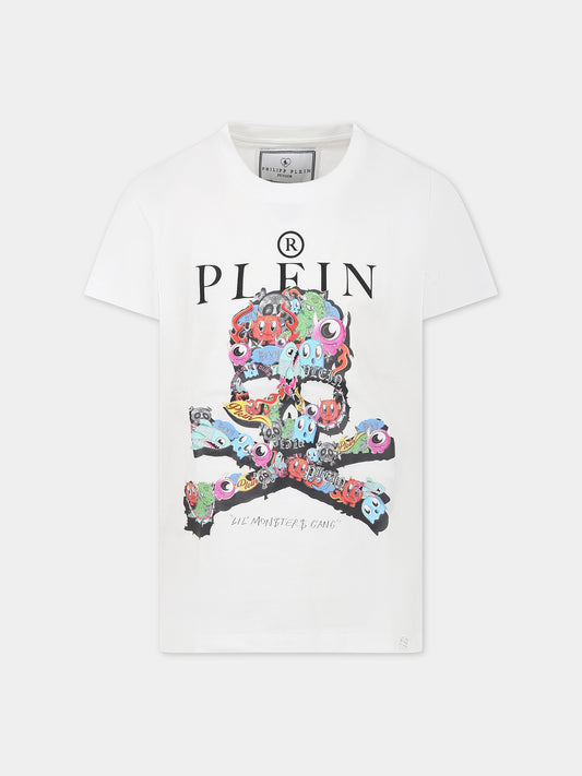 T-shirt bianca per bambino con teschio multicolor e logo,Philipp Plein Junior,2PM003 LAA24 10101