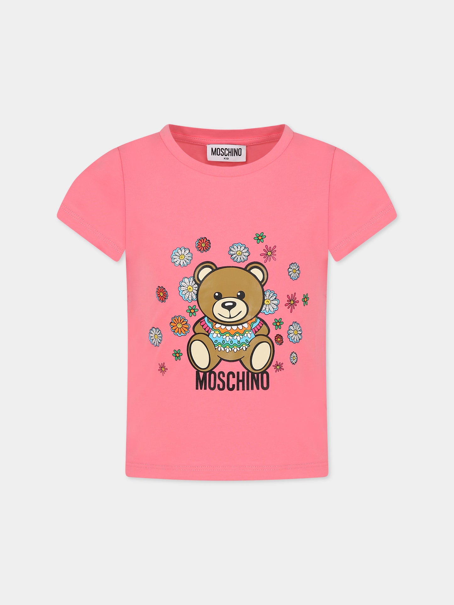 T-shirt rosa per bambina con Teddy bear e fiori,Moschino Kids,HDM04T LBA00 51047