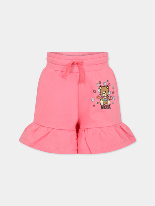 Shorts rosa per bambina con Teddy Bear e fiori,Moschino Kids,HDQ00R LDA01 51047