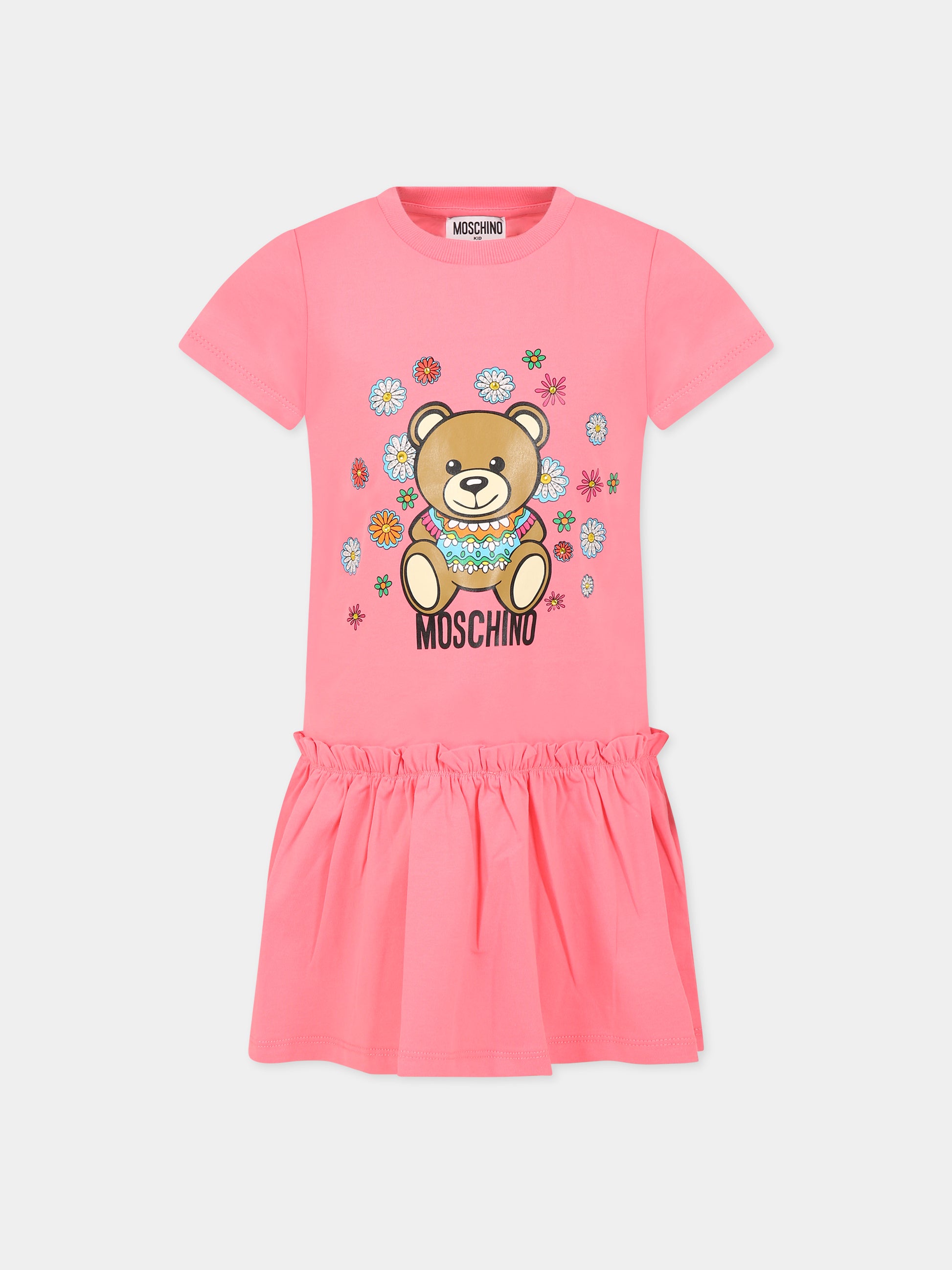 Vestito rosa per bambina con Teddy bear e fiori,Moschino Kids,HDV0CV LBA00 51047