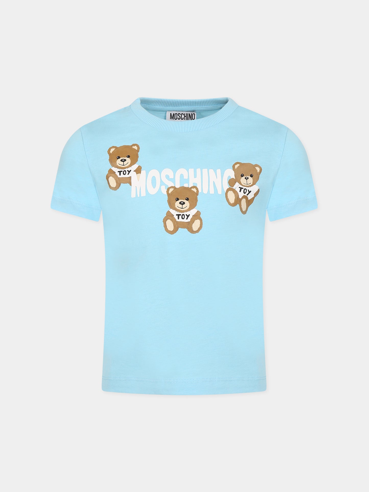 T-shirt celeste per bambini con tre Teddy Bear e logo,Moschino Kids,HUM04B LAA23 41020