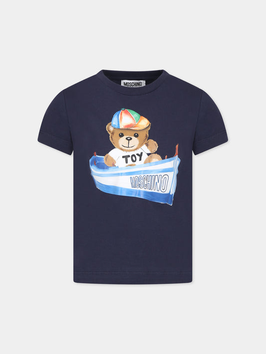 T-shirt blu per bambino con Teddy Bear e logo,Moschino Kids,HUM04E LAA02 40016