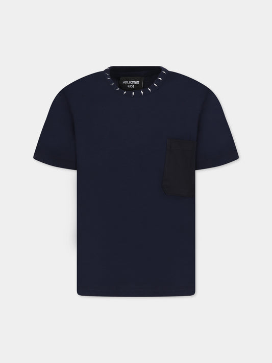 T-shirt blu per bambino  con iconiche saette e logo,Neil Barrett Kids,033644 060
