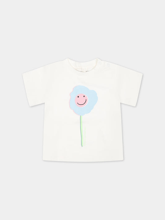 T-shirt bianca per neonata con fiore e logo,Stella Mccartney Kids,TS8021 Z0434 101